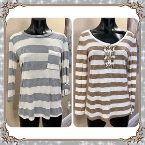SET OF 2 Striped Marled T-Shirts Heather Gray Roll Tab Sleeve Burnout Henley Tee